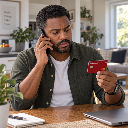 Man contacting his bank while checking the details on his payment card