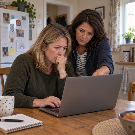 Two people using a laptop to secure and remotely erase a lost mobile device