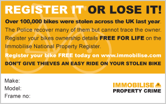 Immobilise Bike Registration Card image